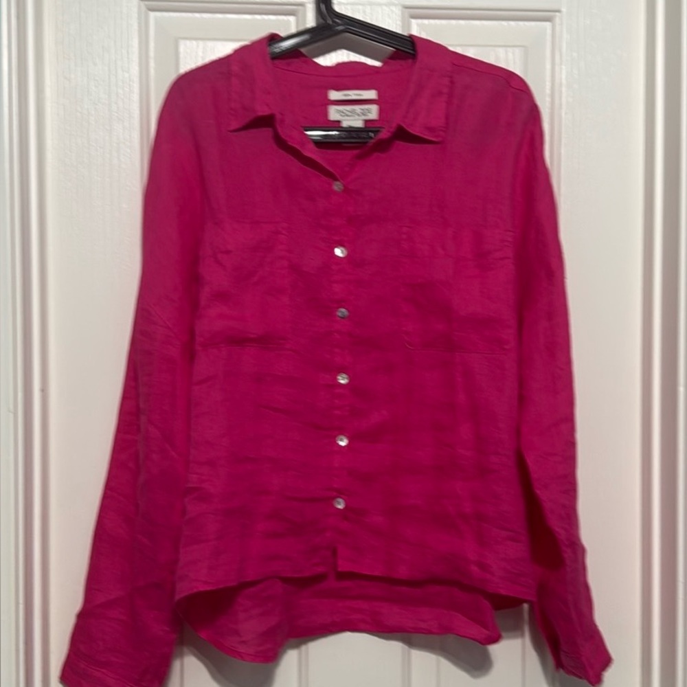 Rachel Zoe Women linen blouse buttoned up long sleeves bright pink size Large